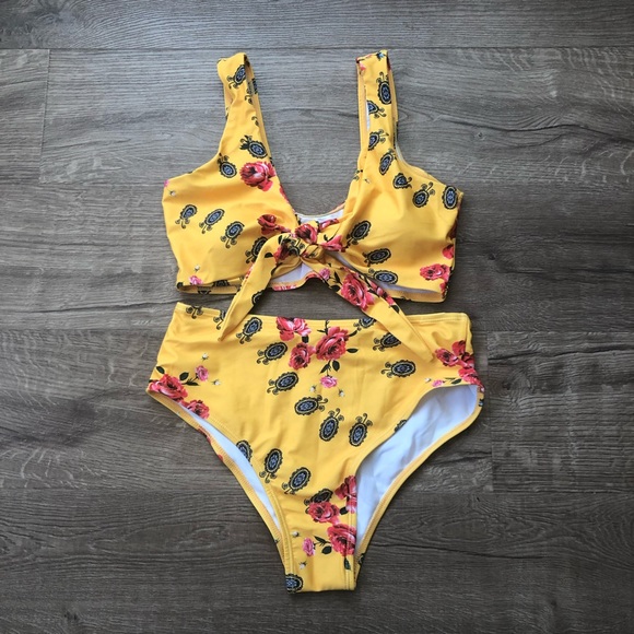 Zaful Other - Zaful Mustard Yellow Floral 2 Piece High Rise Suit